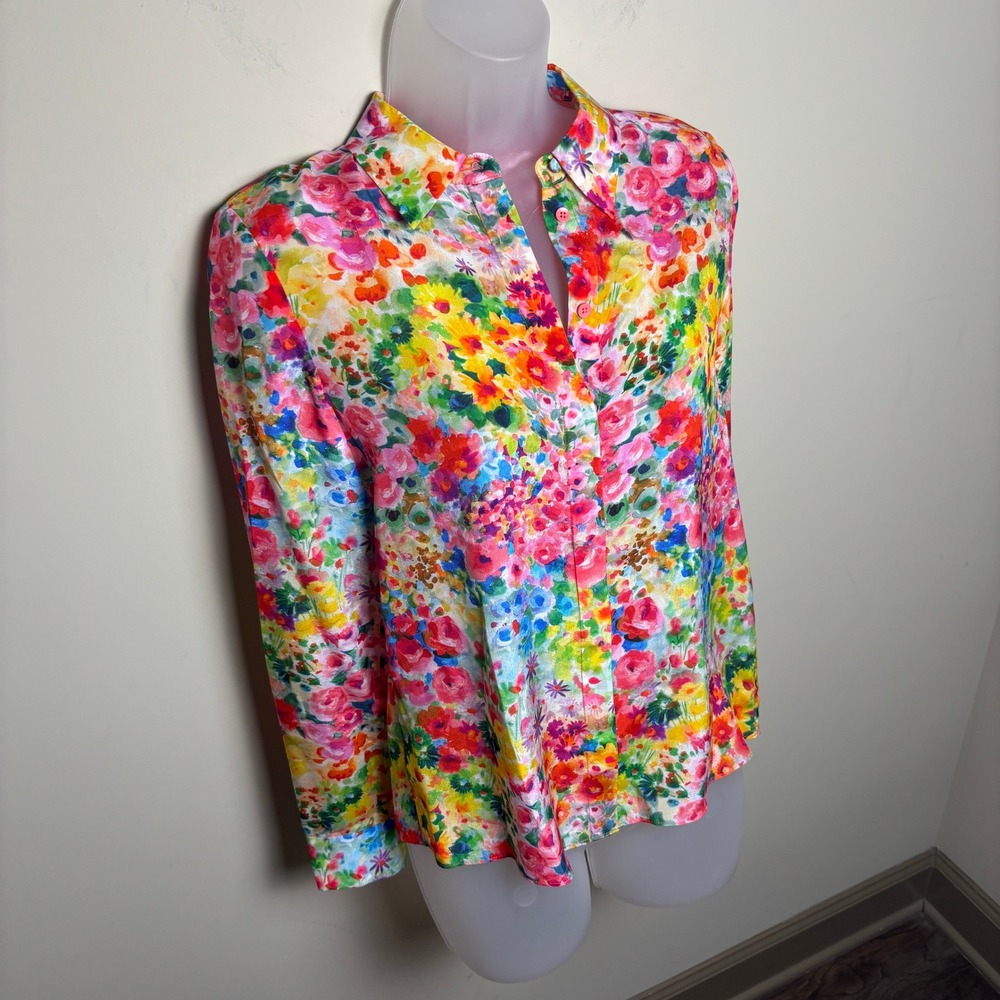 Alice Olivia Multicolor Silk Garden Floral Long Sleeve Button Up Shirt Womens XS - Picture 4 of 9